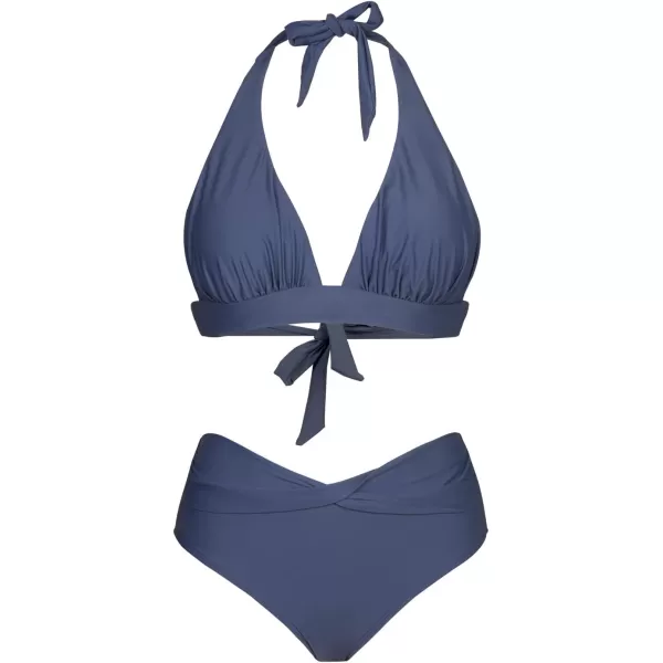 imageCUPSHE Womens Two Piece Halter V Neck Ruched Bikini SetNavy Blue