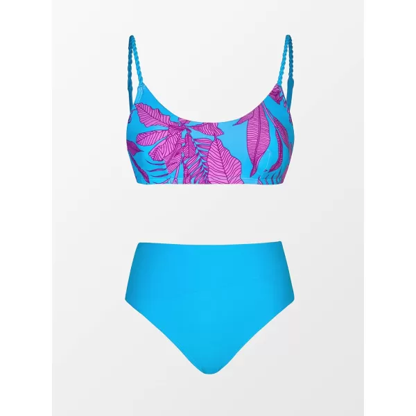 imageCUPSHE Womens Two Piece High Waisted Braided Straps Bikini SetLight Sky Blue and Floral
