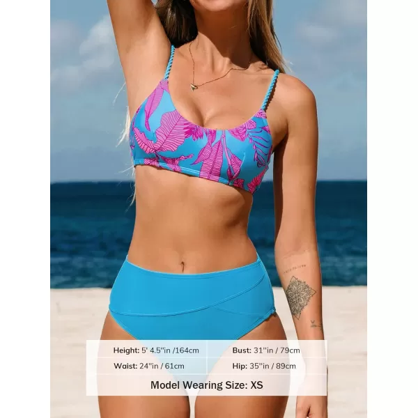 imageCUPSHE Womens Two Piece High Waisted Braided Straps Bikini SetLight Sky Blue and Floral