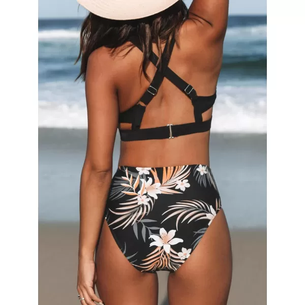 imageCUPSHE Womens Two Piece High Waisted V Neck Cutout Bikini SetBlack