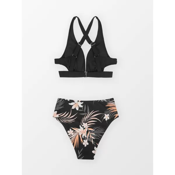 imageCUPSHE Womens Two Piece High Waisted V Neck Cutout Bikini SetBlack