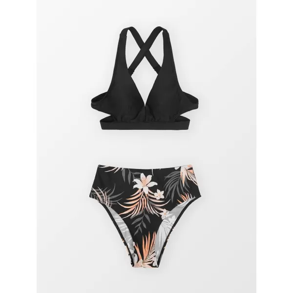 imageCUPSHE Womens Two Piece High Waisted V Neck Cutout Bikini SetBlack