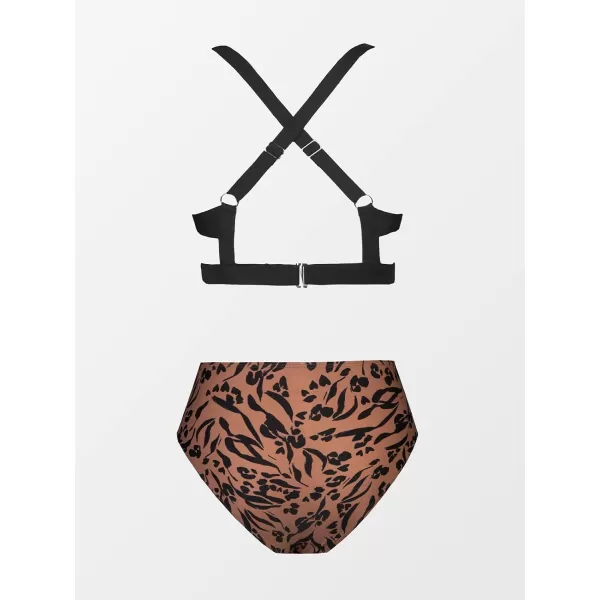 imageCUPSHE Womens Two Piece High Waisted V Neck Cutout Bikini SetBrown
