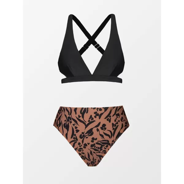 imageCUPSHE Womens Two Piece High Waisted V Neck Cutout Bikini SetBrown