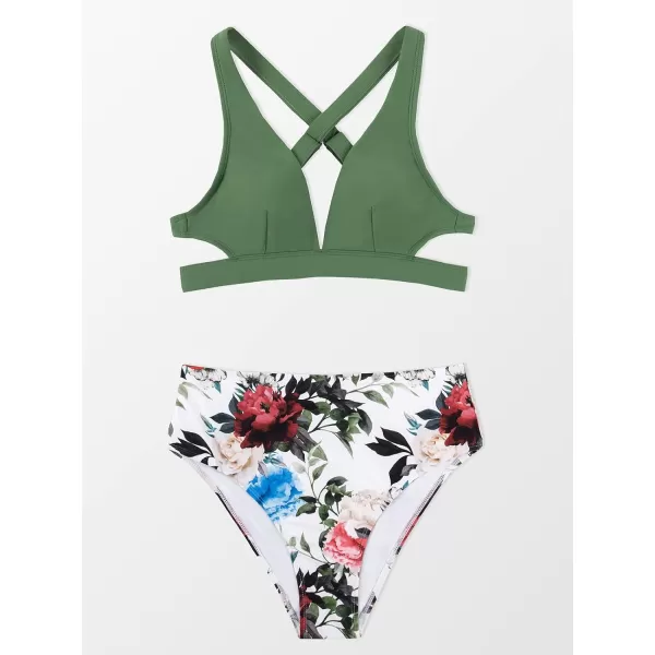 imageCUPSHE Womens Two Piece High Waisted V Neck Cutout Bikini SetGreen