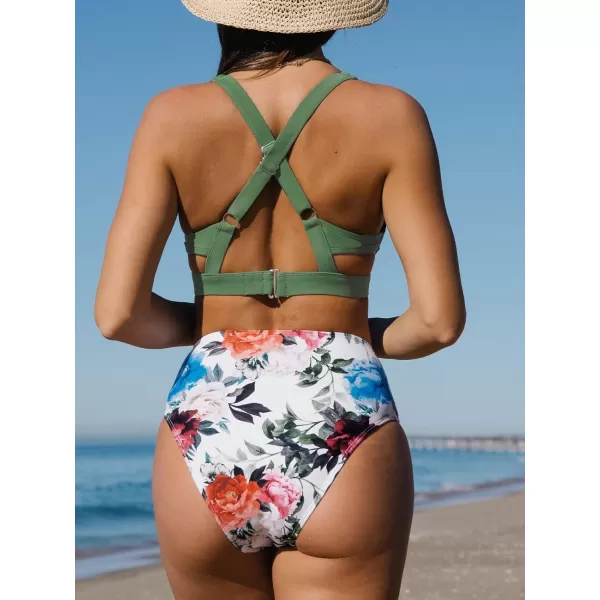 imageCUPSHE Womens Two Piece High Waisted V Neck Cutout Bikini SetGreen
