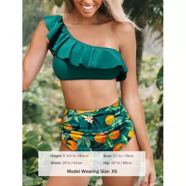 imageCUPSHE Womens Two Piece Ruffled One Shoulder Floral Bikini SetGreen Fruit Pattern