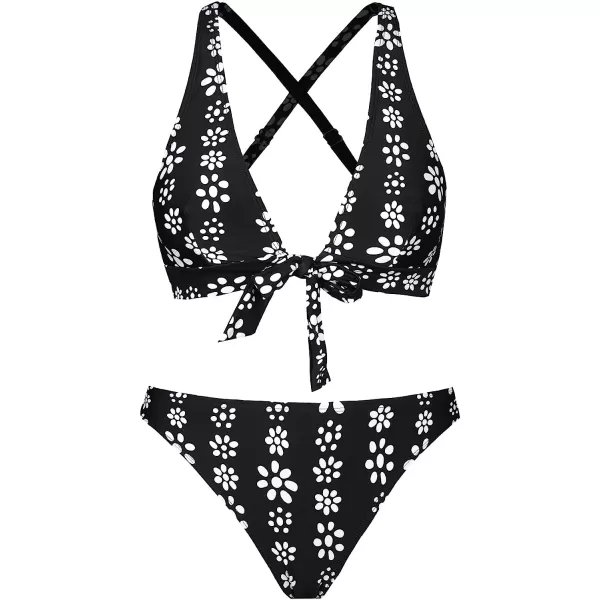 imageCUPSHE Womens Two Piece Tie Front Crisscross Back Floral Print Bikini SetBlack and Floral