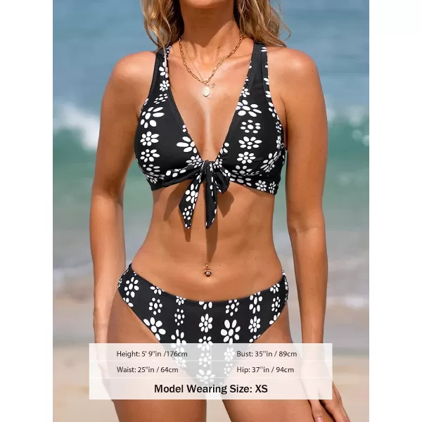 imageCUPSHE Womens Two Piece Tie Front Crisscross Back Floral Print Bikini SetBlack and Floral