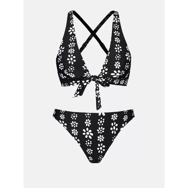 imageCUPSHE Womens Two Piece Tie Front Crisscross Back Floral Print Bikini SetBlack and Floral