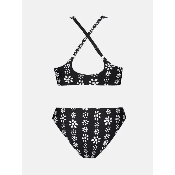 imageCUPSHE Womens Two Piece Tie Front Crisscross Back Floral Print Bikini SetBlack and Floral