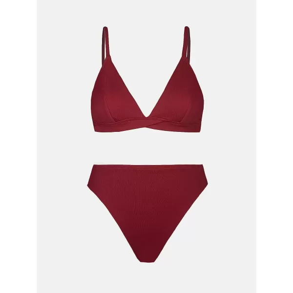 imageCUPSHE Womens Two Piece Triangle Top High Waisted Ribbed Bikini SetsBurgundy Red