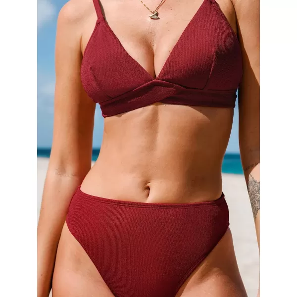 imageCUPSHE Womens Two Piece Triangle Top High Waisted Ribbed Bikini SetsBurgundy Red