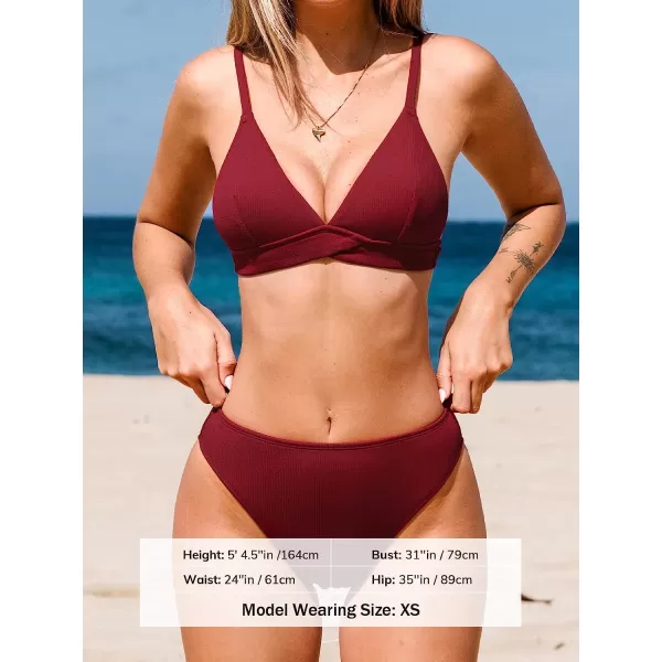imageCUPSHE Womens Two Piece Triangle Top High Waisted Ribbed Bikini SetsBurgundy Red