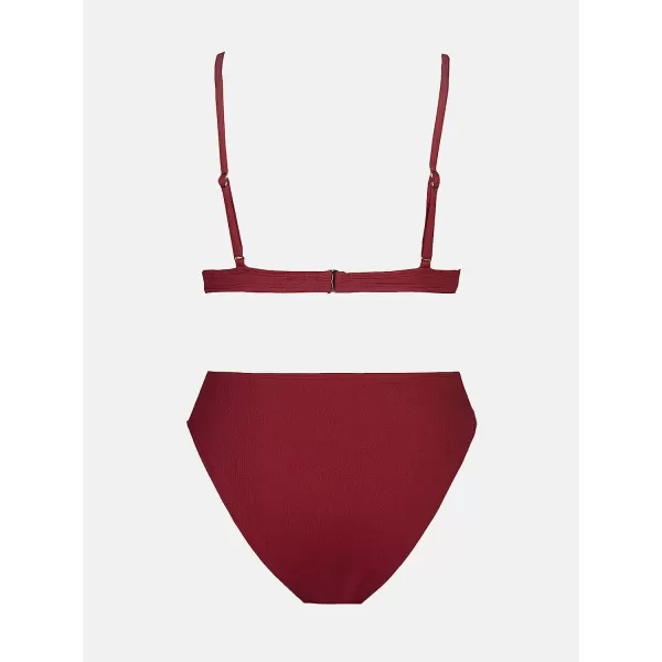 imageCUPSHE Womens Two Piece Triangle Top High Waisted Ribbed Bikini SetsBurgundy Red