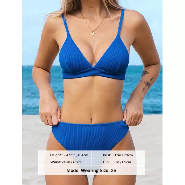 imageCUPSHE Womens Two Piece Triangle Top High Waisted Ribbed Bikini SetsRoyal Blue