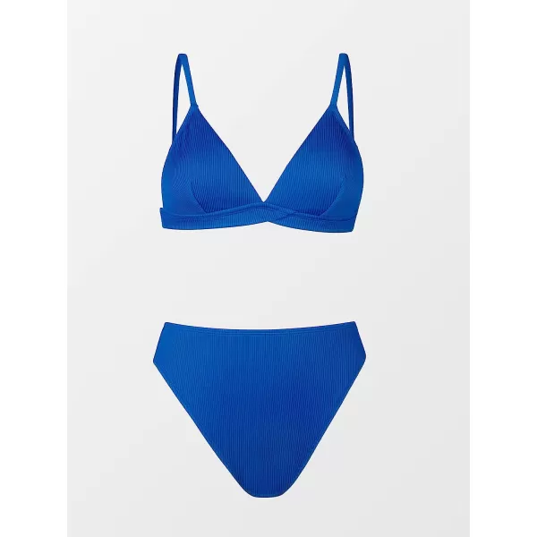 imageCUPSHE Womens Two Piece Triangle Top High Waisted Ribbed Bikini SetsRoyal Blue