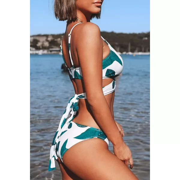 imageCUPSHE Womens Two Piece V Neck Wrap Back Tie Bikini SetLeaves