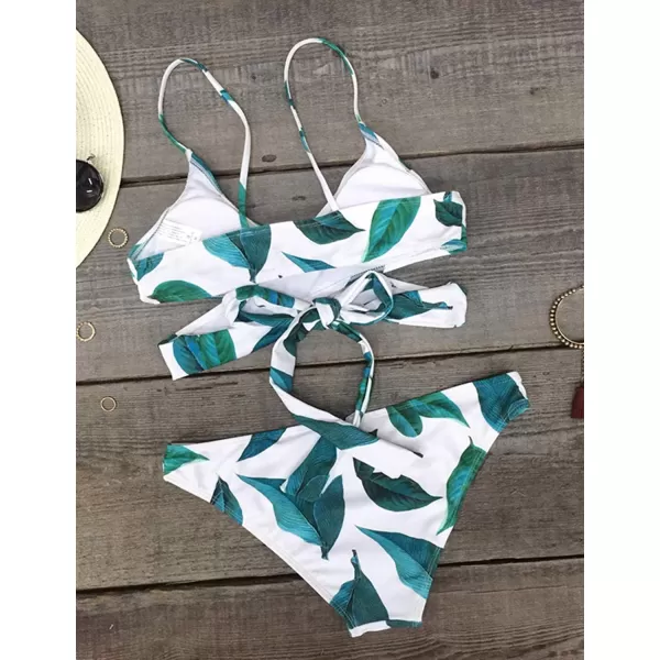 imageCUPSHE Womens Two Piece V Neck Wrap Back Tie Bikini SetLeaves