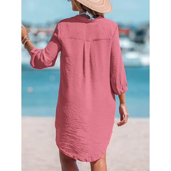 imageCUPSHE Womens V Neck 34 Sleeve Cover Up Dress Summer Dolphin Hem Beach Mini DressDusty Rose