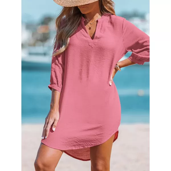 imageCUPSHE Womens V Neck 34 Sleeve Cover Up Dress Summer Dolphin Hem Beach Mini DressDusty Rose