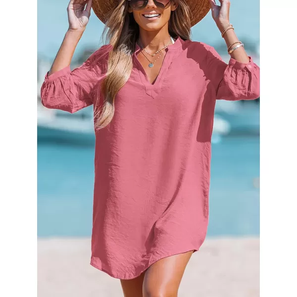 imageCUPSHE Womens V Neck 34 Sleeve Cover Up Dress Summer Dolphin Hem Beach Mini DressDusty Rose
