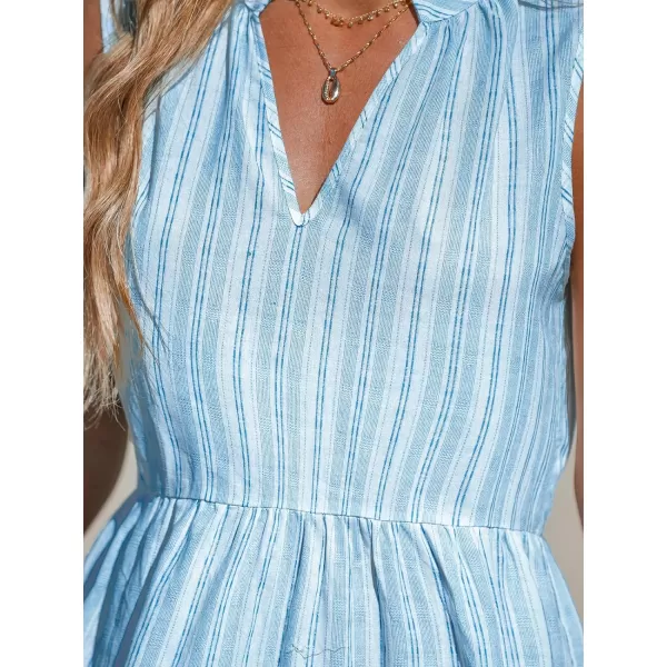 imageCUPSHE Womens V Neck Beach Dress Ruffle Sleeveless A Line Geometric Pattern Striped Mini Summer DressesBlue Striped