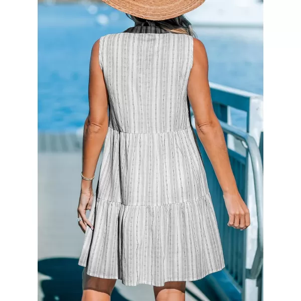imageCUPSHE Womens V Neck Beach Dress Ruffle Sleeveless A Line Geometric Pattern Striped Mini Summer DressesGrey Striped