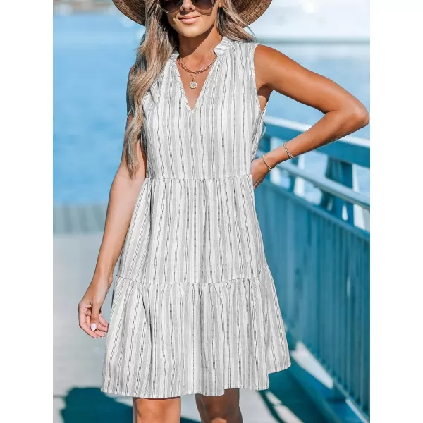 imageCUPSHE Womens V Neck Beach Dress Ruffle Sleeveless A Line Geometric Pattern Striped Mini Summer DressesGrey Striped