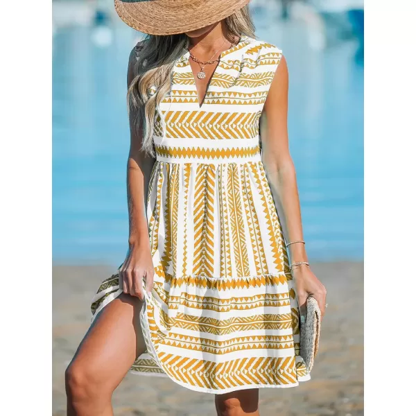 imageCUPSHE Womens V Neck Beach Dress Ruffle Sleeveless A Line Geometric Pattern Striped Mini Summer DressesYellow