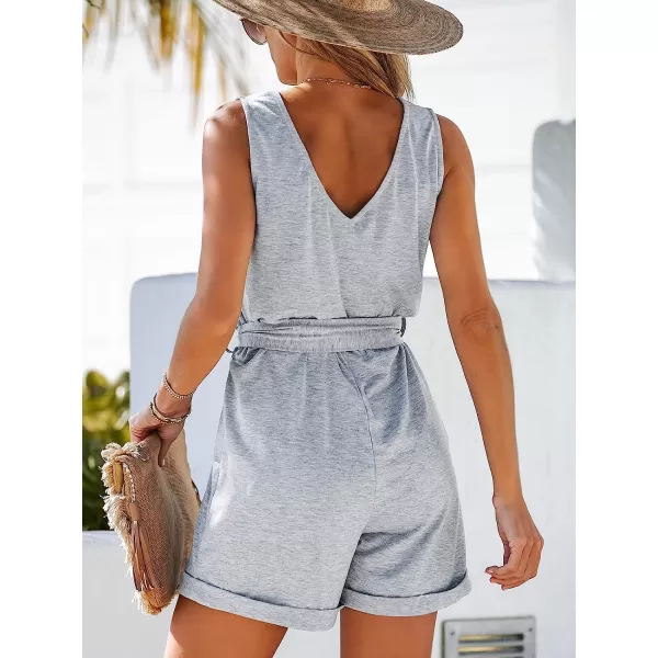 imageCUPSHE Womens V Neck Belted Button Romper Sleeveless Short Jumpsuit Rolled Pants OutfitLight Grey
