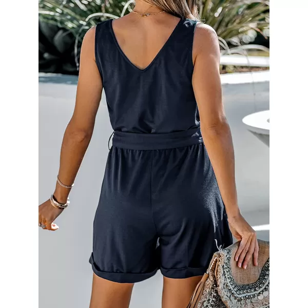 imageCUPSHE Womens V Neck Belted Button Romper Sleeveless Short Jumpsuit Rolled Pants OutfitNavy