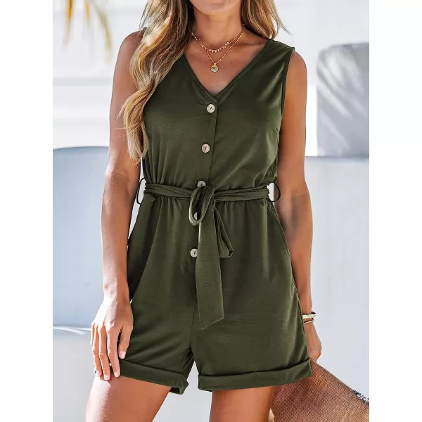 imageCUPSHE Womens V Neck Belted Button Romper Sleeveless Short Jumpsuit Rolled Pants OutfitOlive Green