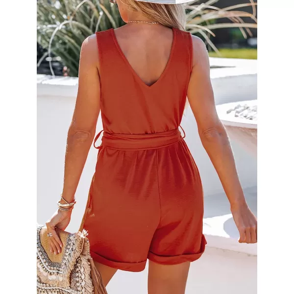 imageCUPSHE Womens V Neck Belted Button Romper Sleeveless Short Jumpsuit Rolled Pants OutfitRed