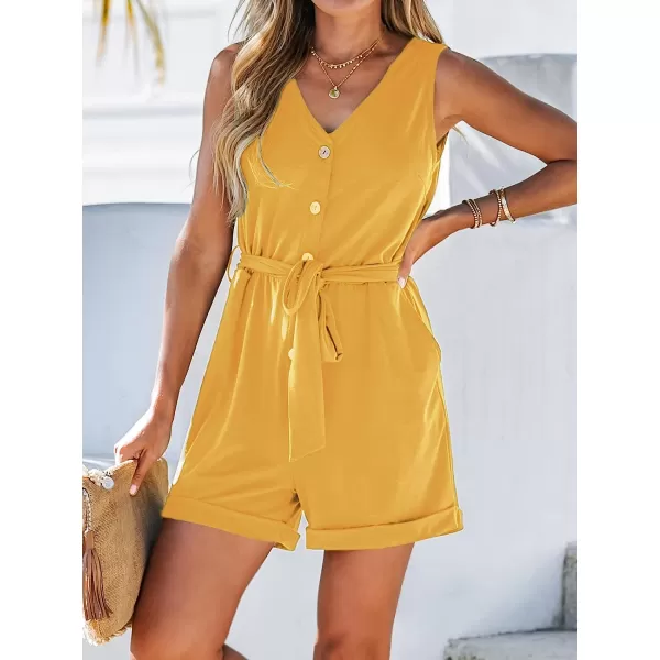 imageCUPSHE Womens V Neck Belted Button Romper Sleeveless Short Jumpsuit Rolled Pants OutfitYellow