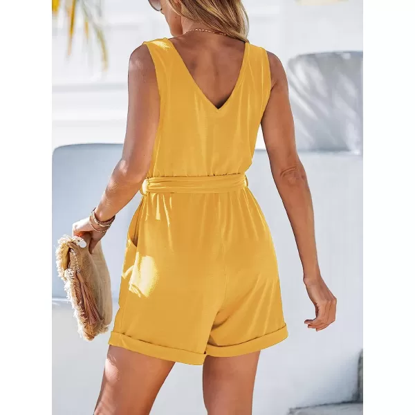 imageCUPSHE Womens V Neck Belted Button Romper Sleeveless Short Jumpsuit Rolled Pants OutfitYellow