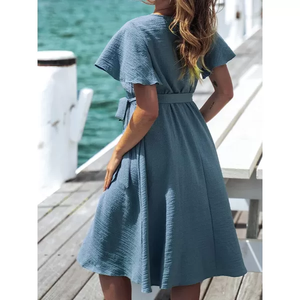 imageCUPSHE Womens V Neck Belted Flare Sleeve Midi Dress Short Sleeves Wrap A Line DressBlue