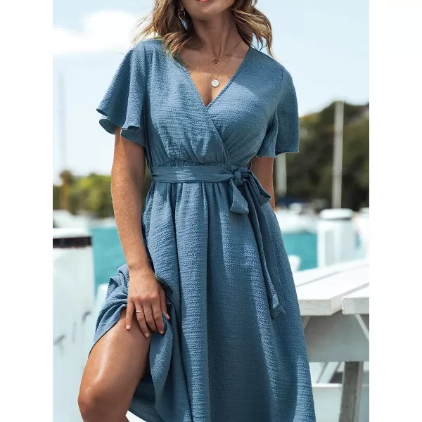 imageCUPSHE Womens V Neck Belted Flare Sleeve Midi Dress Short Sleeves Wrap A Line DressBlue