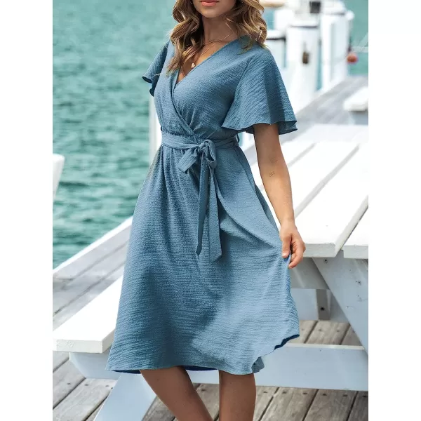 imageCUPSHE Womens V Neck Belted Flare Sleeve Midi Dress Short Sleeves Wrap A Line DressBlue