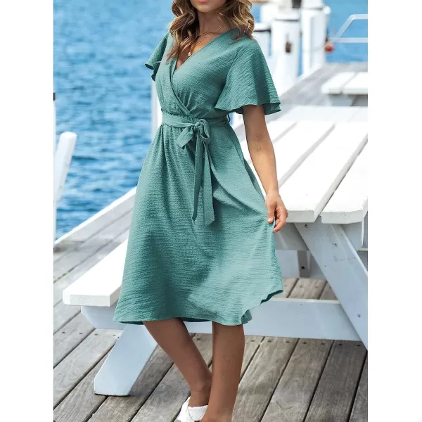 imageCUPSHE Womens V Neck Belted Flare Sleeve Midi Dress Short Sleeves Wrap A Line DressGreen