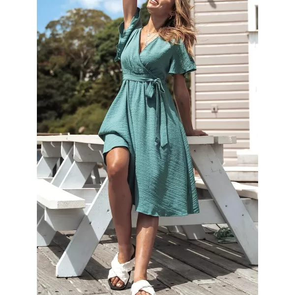 imageCUPSHE Womens V Neck Belted Flare Sleeve Midi Dress Short Sleeves Wrap A Line DressGreen