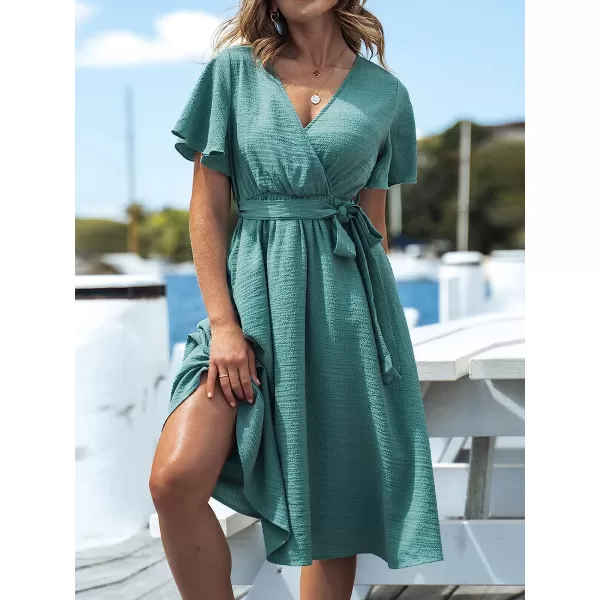imageCUPSHE Womens V Neck Belted Flare Sleeve Midi Dress Short Sleeves Wrap A Line DressGreen