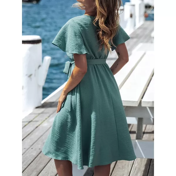 imageCUPSHE Womens V Neck Belted Flare Sleeve Midi Dress Short Sleeves Wrap A Line DressGreen