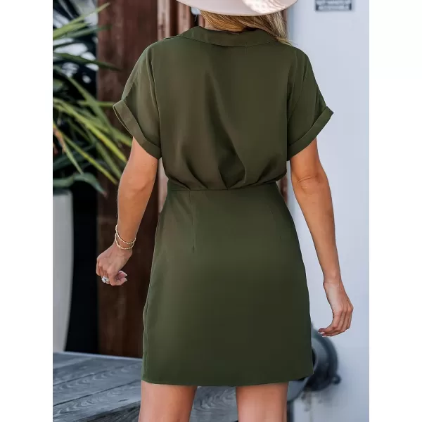 imageCUPSHE Womens V Neck Belted Short Sleeve Pleated Mini Wrap Dress Casual A Line Short DressOlive Green