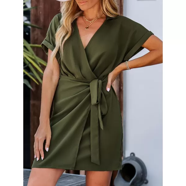 imageCUPSHE Womens V Neck Belted Short Sleeve Pleated Mini Wrap Dress Casual A Line Short DressOlive Green