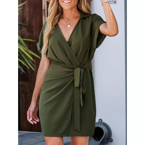 imageCUPSHE Womens V Neck Belted Short Sleeve Pleated Mini Wrap Dress Casual A Line Short DressOlive Green