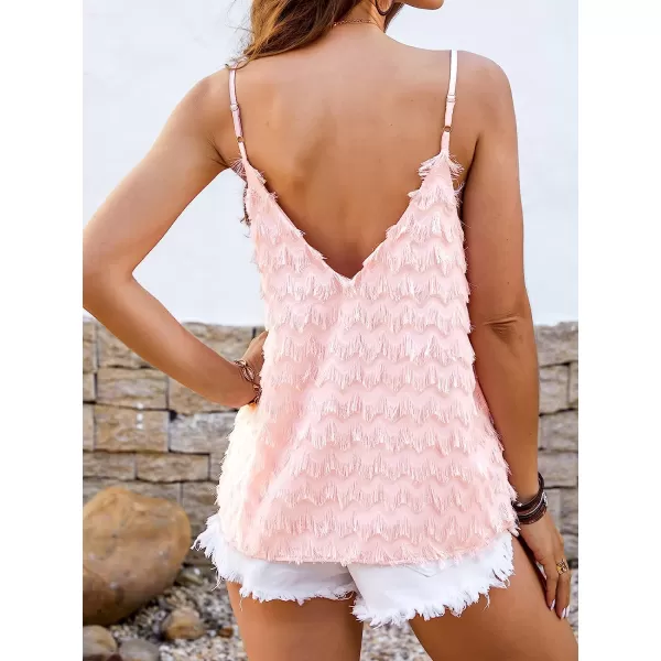 imageCUPSHE Womens V Neck Blouse Fringe Shirts V Cut Back Tops with Adjustable StrapsPink