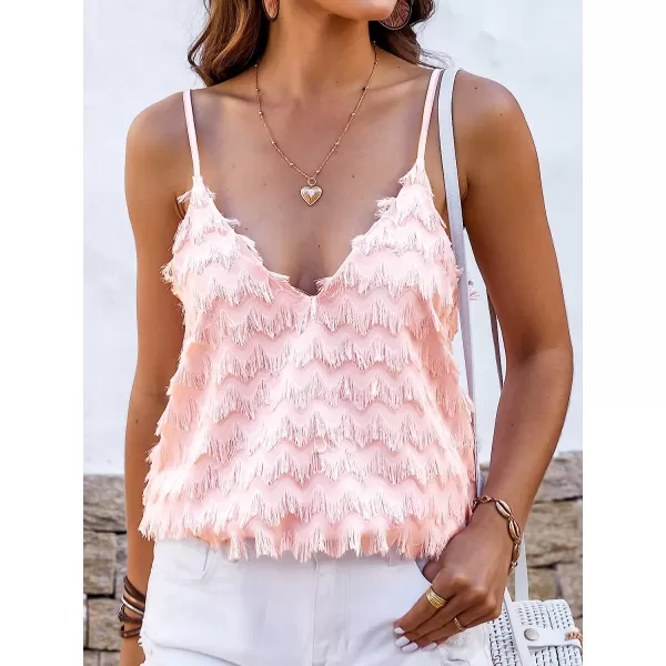 imageCUPSHE Womens V Neck Blouse Fringe Shirts V Cut Back Tops with Adjustable StrapsPink
