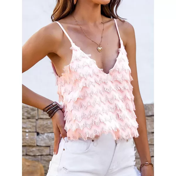 imageCUPSHE Womens V Neck Blouse Fringe Shirts V Cut Back Tops with Adjustable StrapsPink