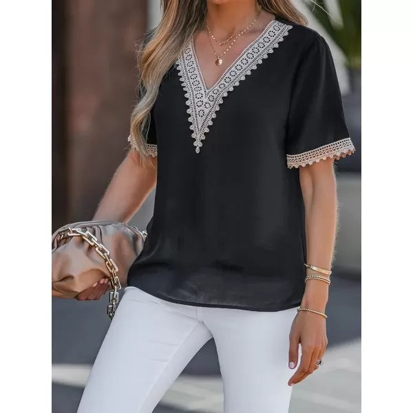 imageCUPSHE Womens V Neck Blouse Lace Trim Shirts Short Sleeves Tops for SummerBlack